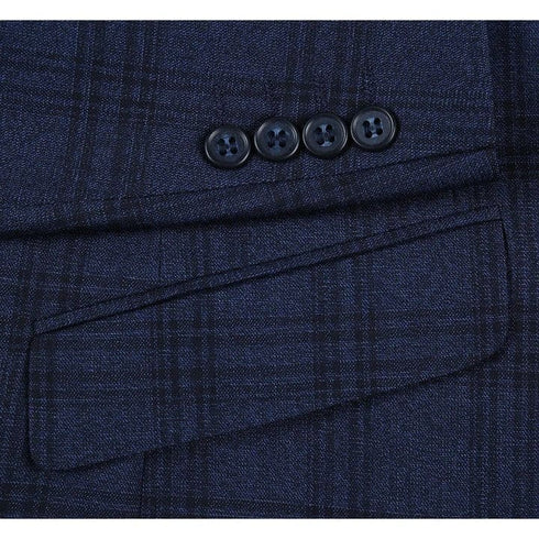 Mens Plaid Suit - Patterned Business Suit - Mens Two Button Slim Fit Two Piece Hack Pocket Stretch Suit In Navy Blue Windowpane Plaid