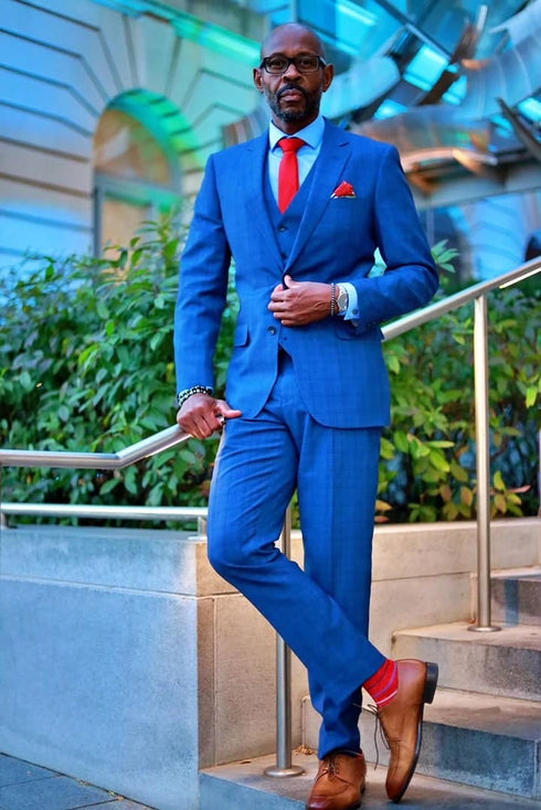 Mens Plaid Suit - Patterned Business Suit - Mens Two Button Classic Fit Vested Suit In Navy Blue Windowpane Plaid