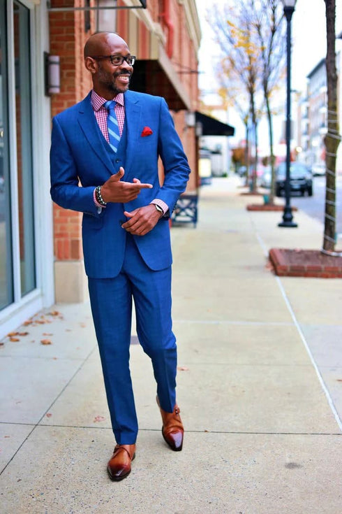 Mens Plaid Suit - Patterned Business Suit - Mens Two Button Classic Fit Vested Suit In Navy Blue Windowpane Plaid