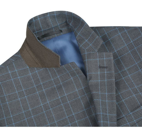 Mens Plaid Suit - Patterned Business Suit - Mens Two Button Classic Fit Two Piece Suit In Grey & Blue Windowpane Plaid