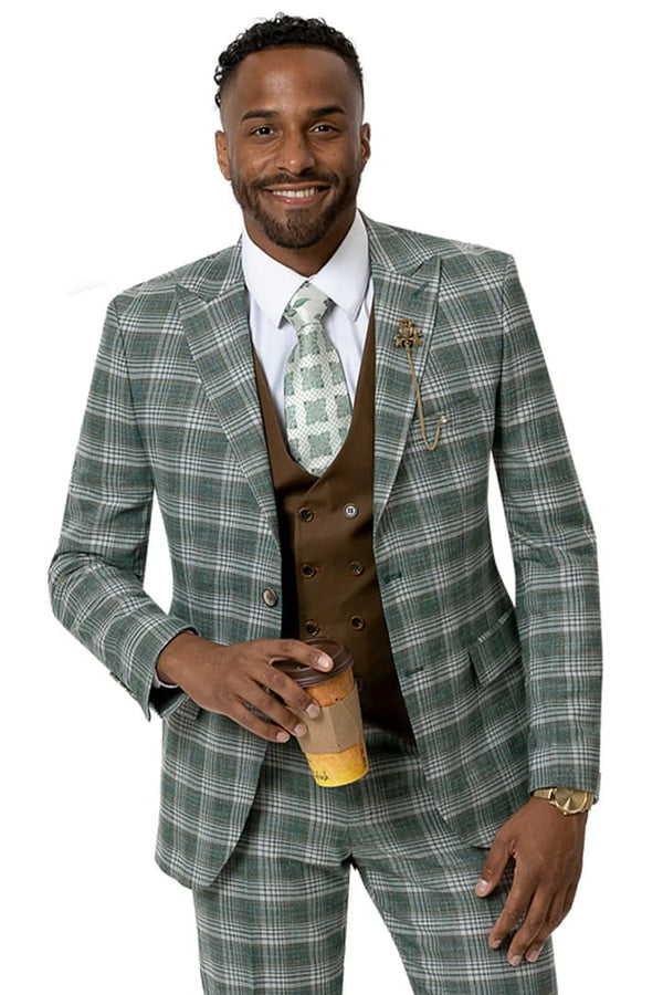 Mens Plaid Suit - Patterned Business Suit - Mens Two Button Modern Fit Peak Lapel Double Breasted Vest Suit In Hunter Green Windowpane Plaid