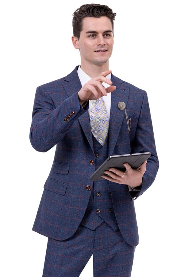 Mens Plaid Suit - Patterned Business Suit - Mens Two Button Peak Lapel Vested Fashion Suit In Navy Windowpane Plaid