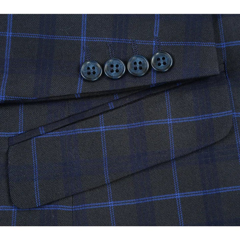 Mens Plaid Suit - Patterned Business Suit - Mens Slim Fit Two Button Suit In Dark Blue Wide Windowpane Plaid