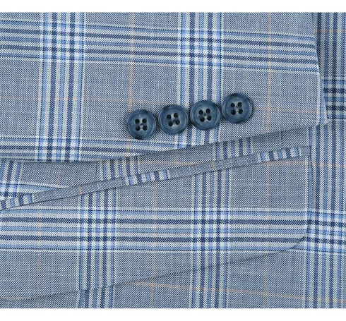 Mens Plaid Suit - Patterned Business Suit - Mens Two Button Slim Fit Two Piece Suit In Sky Blue Windowpane Plaid