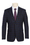 Mens Plaid Suit - Patterned Business Suit - Mens Designer Two Button Slim Fit Peak Lapel Suit In Navy Blue & Burgundy Windowpane Plaid Check