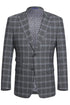 Mens Plaid Suit - Patterned Business Suit - Mens Designer Two Button Slim Fit Peak Lapel Ticket Pocket Suit In Grey Blue Windowpane Plaid