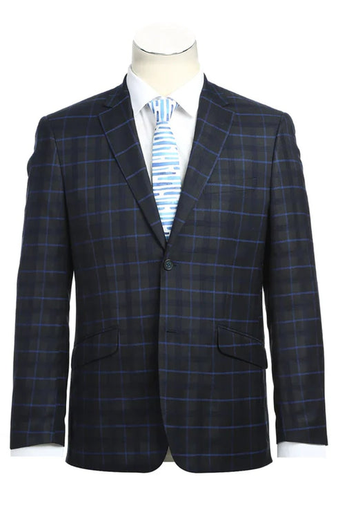 Mens Plaid Suit - Patterned Business Suit - Mens Slim Fit Two Button Suit In Dark Blue Wide Windowpane Plaid