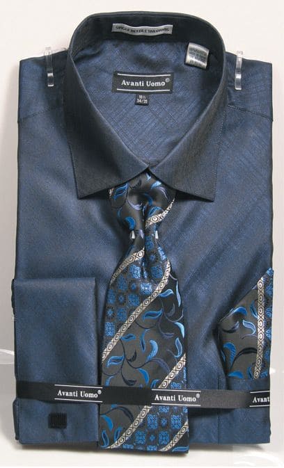 Men's Weave Pattern French Cuff Dress Shirt, Tie & Hanky Set In Navy