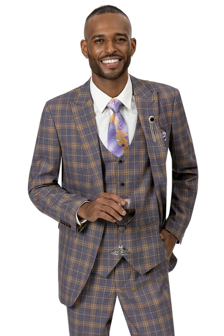 Mens Plaid Suit - Patterned Business Suit - Mens Two Button Modern Fit Peak Lapel Vested Suit In Dark Lavender & Gold Windowpane Plaid
