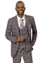 Mens Plaid Suit - Patterned Business Suit - Mens Two Button Modern Fit Peak Lapel Vested Suit In Dark Lavender & Gold Windowpane Plaid