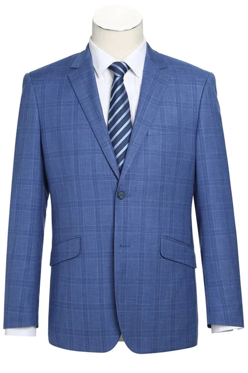 Mens Plaid Suit - Patterned Business Suit - Mens Two Button Slim Fit Two Piece Suit In Light Blue Windowpane Plaid