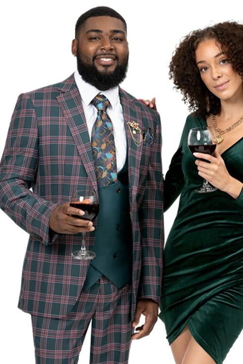 Mens Plaid Suit - Patterned Business Suit - Mens Modern Fit Double Breasted Vest Suit In Forest Green And Red Windowpane Plaid