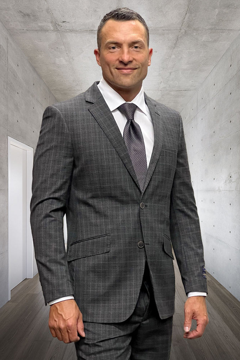 Men's modern fit brown taupe plaid wool suit. Tailored silhouette with sharp lapels, two pockets. Balanced plaid pattern in muted tones. Stylish and contemporary design.
