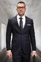 Modern fit men's Italian wool suit in black plaid. Tailored silhouette, single-breasted jacket, notch lapels. Wool blend with gray accents. Includes matching straight-leg trousers.
