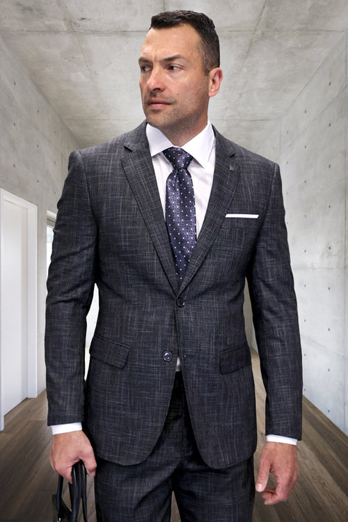 Men's modern fit Italian wool suit in carbon grey plaid. Structured blazer & trousers with subtle plaid. Fine wool blend for a smooth texture, 2-button front. Tailored, contemporary fit.