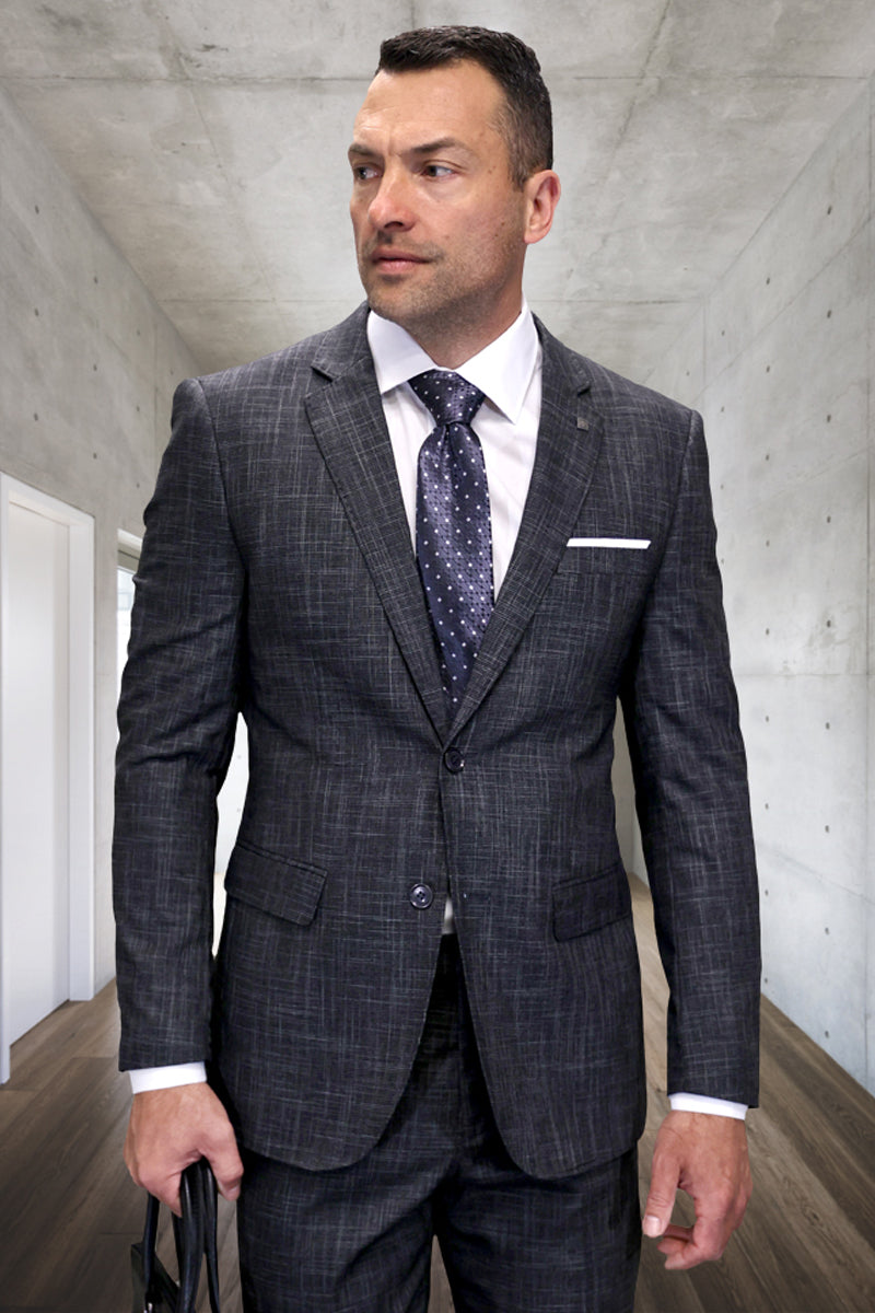Men's modern fit Italian wool suit in carbon grey plaid. Structured blazer & trousers with subtle plaid. Fine wool blend for a smooth texture, 2-button front. Tailored, contemporary fit.