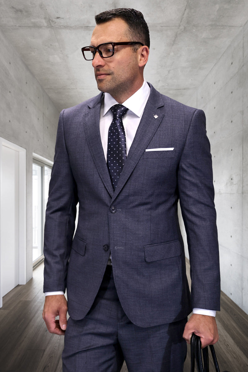 Dark grey plaid men's suit. Italian wool, modern fit. Structured blazer: 2-button, notched lapels. Straight-fit pants. Sleek, professional aesthetic. Refined, textured design.