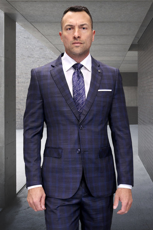 Modern fit men's Italian wool suit in heather charcoal plaid. Tailored silhouette, structured shoulders, single-button closure. Features subtle charcoal/dark blue plaid, notch lapel, chest pocket, and straight-leg trousers.
