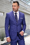 Men's modern fit suit in sapphire blue plaid. Italian wool, textured weave. Single-button jacket with notched lapel & two pockets. Tailored trousers. Contemporary silhouette.

