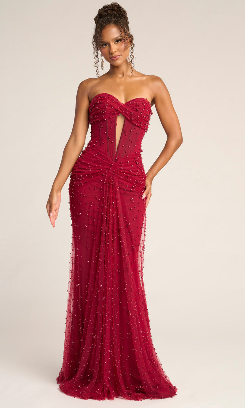 Beaded Sheath Evening Gown with Sheer Corset Bodice Formal Prom Dress Portia and Scarlett PS26022