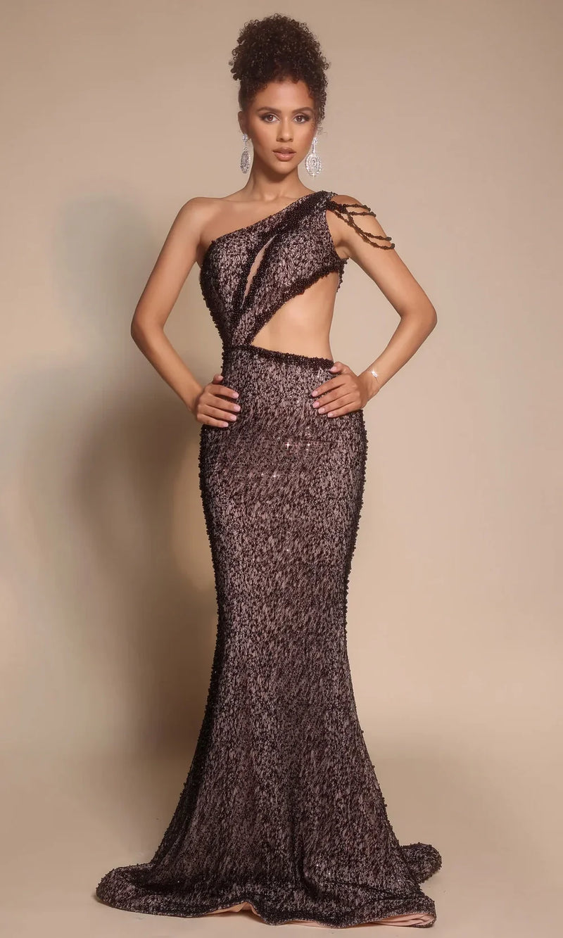 One Shoulder Sequin Cutout Gown Beaded Strap Mermaid Formal Dress by Portia & Scarlett PS26115
