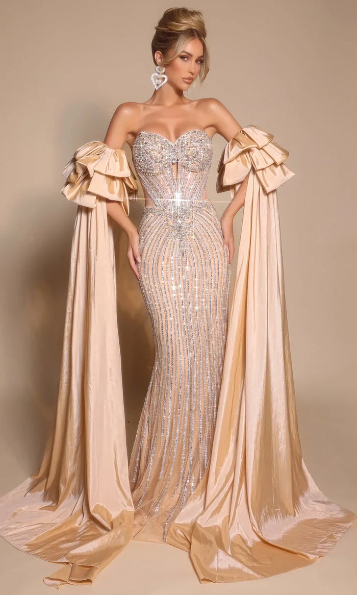Beaded Strapless Mermaid Gown with Detachable Satin Cape Sleeves by Portia and Scarlett PS26195