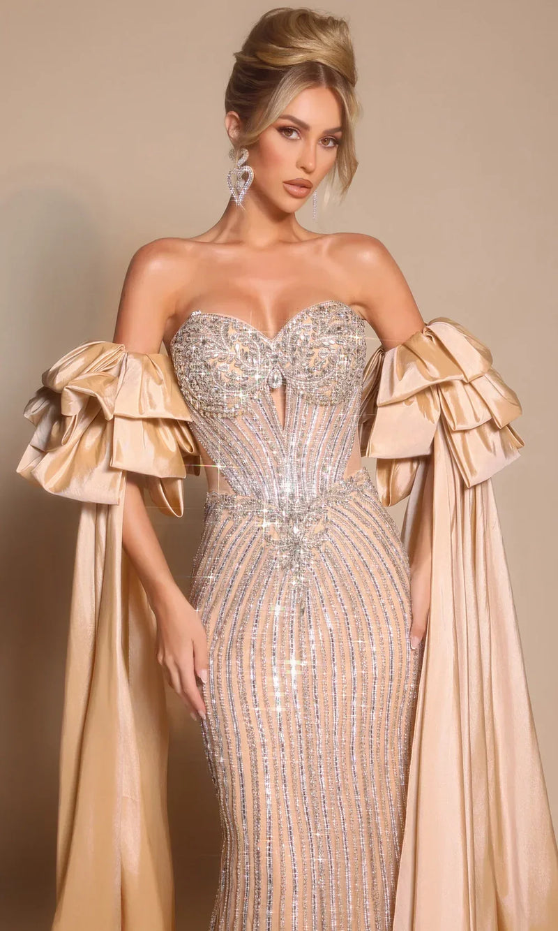 Beaded Strapless Mermaid Gown with Detachable Satin Cape Sleeves by Portia and Scarlett PS26195