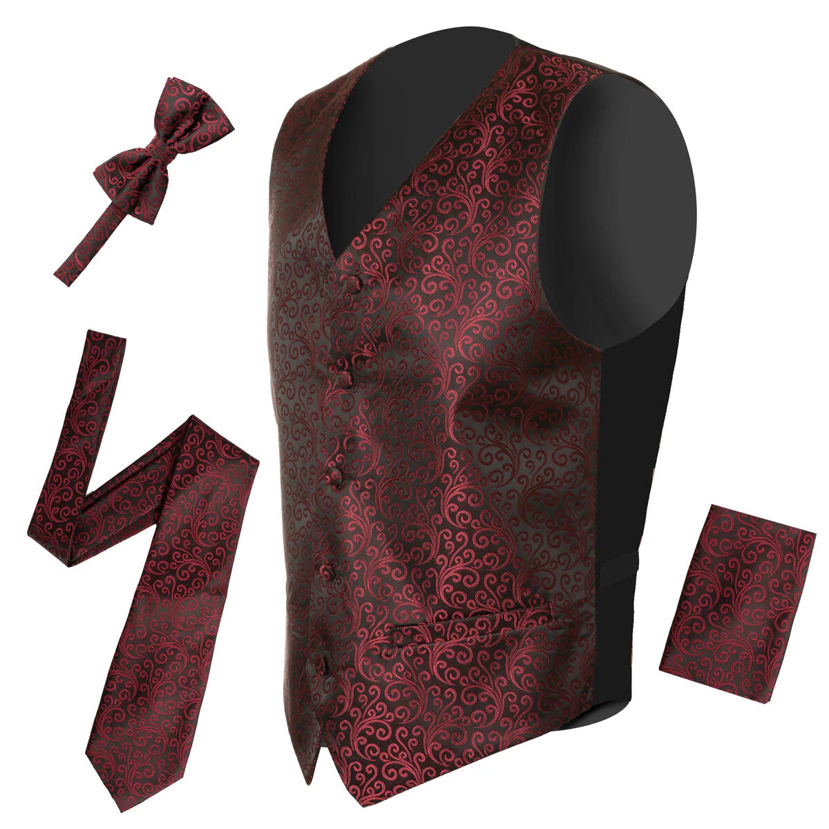 Burgundy adjustable vest set featuring a detailed swirling pattern in a darker hue. The back is constructed from black material. Accompanying the vest are a matching tie and bow tie, both displaying the same burgundy pattern, along with a pocket square.