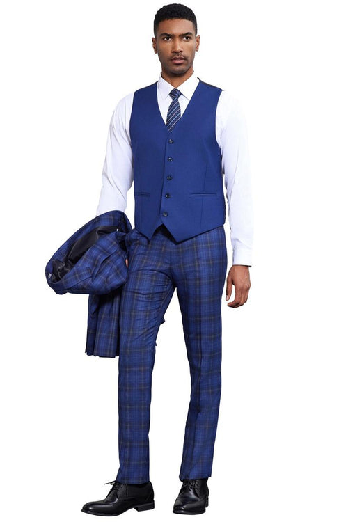 Men’s Stacy Adams Bold Windowpane Plaid Print Vested Suit features a fitted midnight blue vest with six buttons, paired with matching plaid pants in shades of blue, accented with lighter lines.