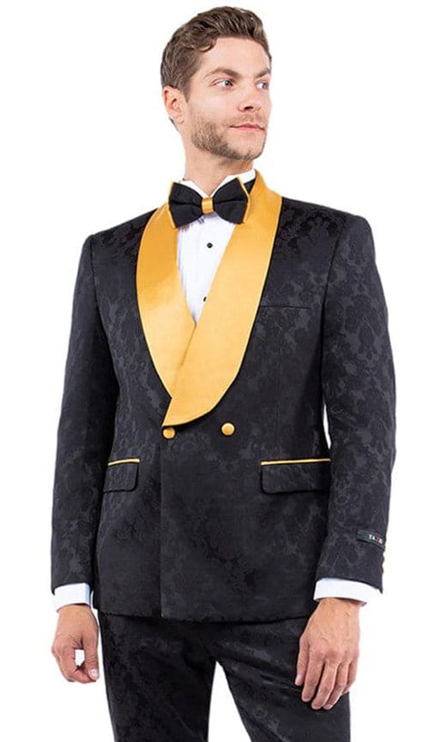 Mens Slim Fit Double Breasted Paisley Black and Gold Prom and Wedding Tuxedo