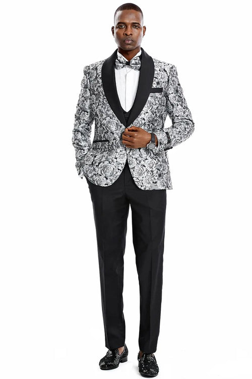 Mens One Button Skinny Fit Paisley Floral Vested Prom Tuxedo in Silver and Black