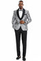 Mens One Button Skinny Fit Paisley Floral Vested Prom Tuxedo in Silver and Black