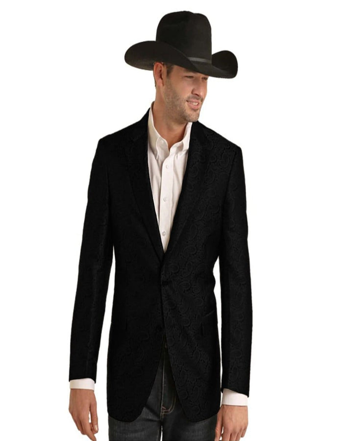 Mens Two Button Notch Lapel Paisley Pattern Blazer Black