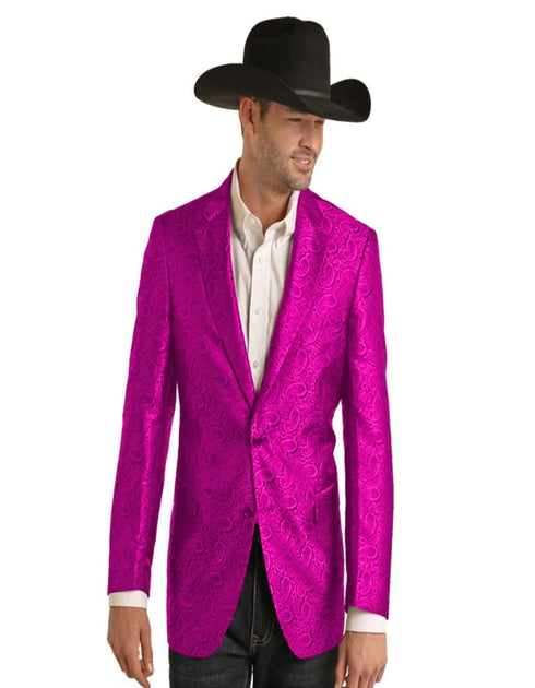 Mens Two Button Notch Lapel Paisley Pattern Blazer Fuchsia