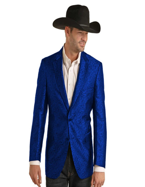 Mens Two Button Notch Lapel Paisley Pattern Blazer Royal