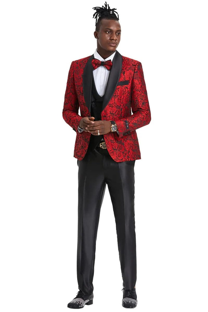 Mens One Button Slim Fit Paisley Floral Vested Prom Tuxedo in Red and Black
