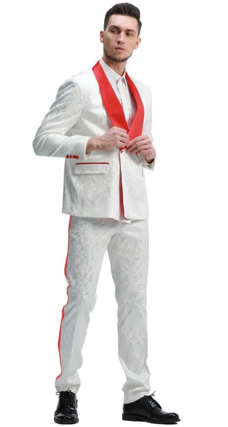 Mens Slim Fit Double Breasted Paisley Shawl Collar Prom and Wedding Tuxedo White and Red