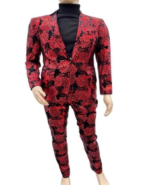 Paisley Suit - Black and Red Prom Suit - Slim Fit Stage Single Breasted Suit
