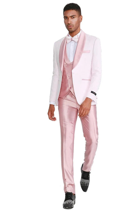 Men's One Button Vested Paisley Prom & Wedding Tuxedo with Satin Vest and Pink Pants