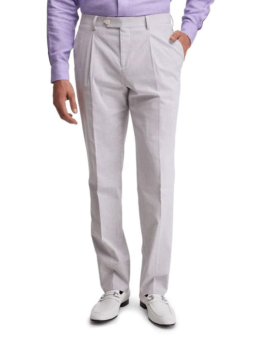 Lavender seersucker suit pants for men. Lightweight cotton with a textured surface and soft lavender color plus light vertical stripes. Flat front, straight leg design.
