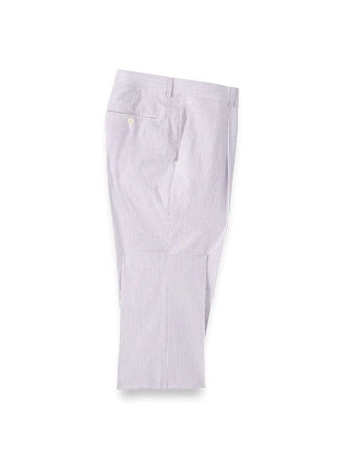 Men's lavender seersucker suit pants. Cotton blend, straight leg. Light purple & white striped pattern. Single back pocket, button closure. Classic, breathable design.
