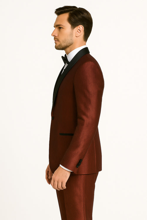 Men's Burgundy Shiny Tuxedo with Black Satin Shawl Lapel â€“ Ultra Slim Fit Party & Prom Suit