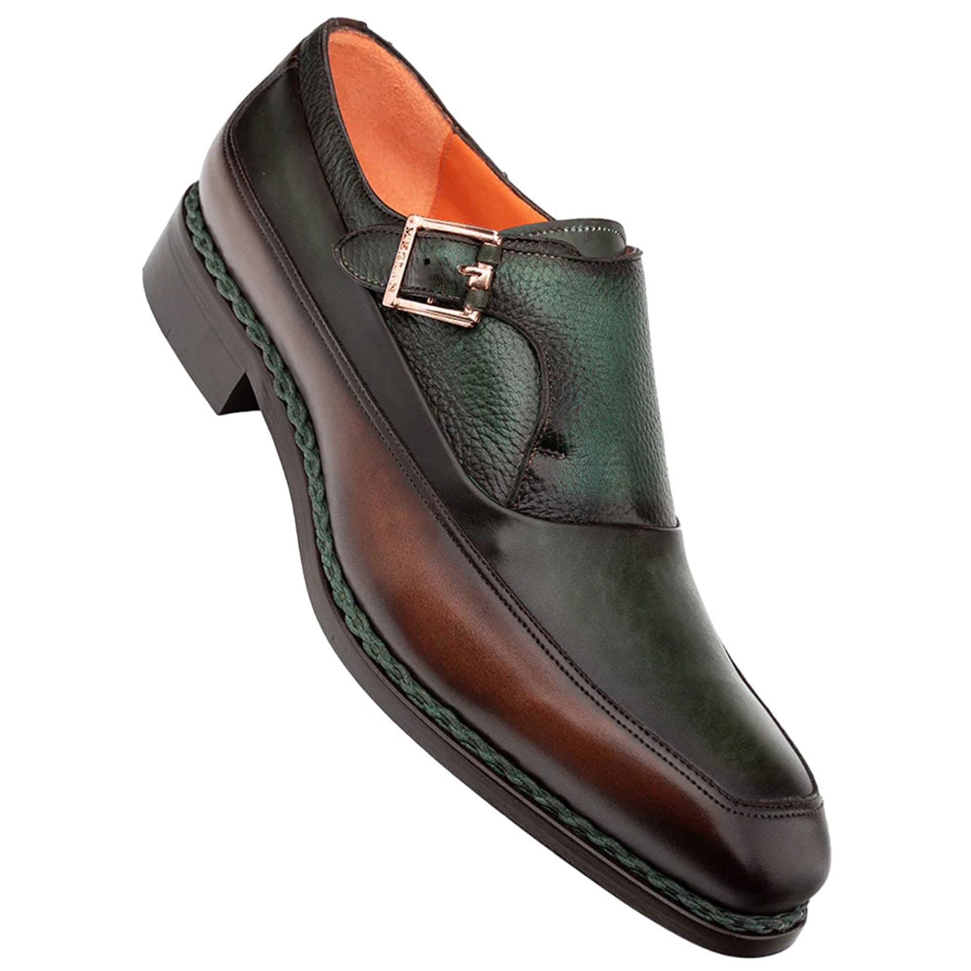 Artesano Chocolate/Forest Two-Tone Patina Calfskin Monk Strap Shoes by Mezlan – Made in Spain
