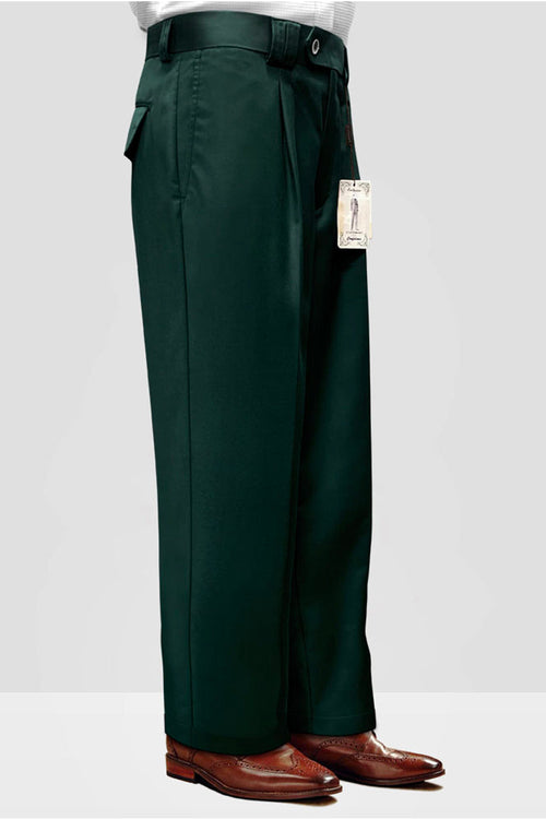 Hunter green Italian wool dress pants for men. Smooth texture, tailored fit with front pleats, and wide leg. Includes matching belt and waistband tag.
