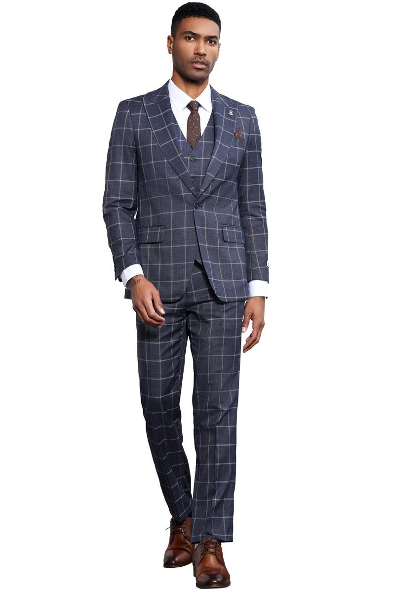 Stacy Adams men's charcoal grey windowpane suit. Classic one-button closure, notched lapels, and a fitted silhouette. Smooth, tailored fabric with subtle contrasts. Matching tailored pants.
