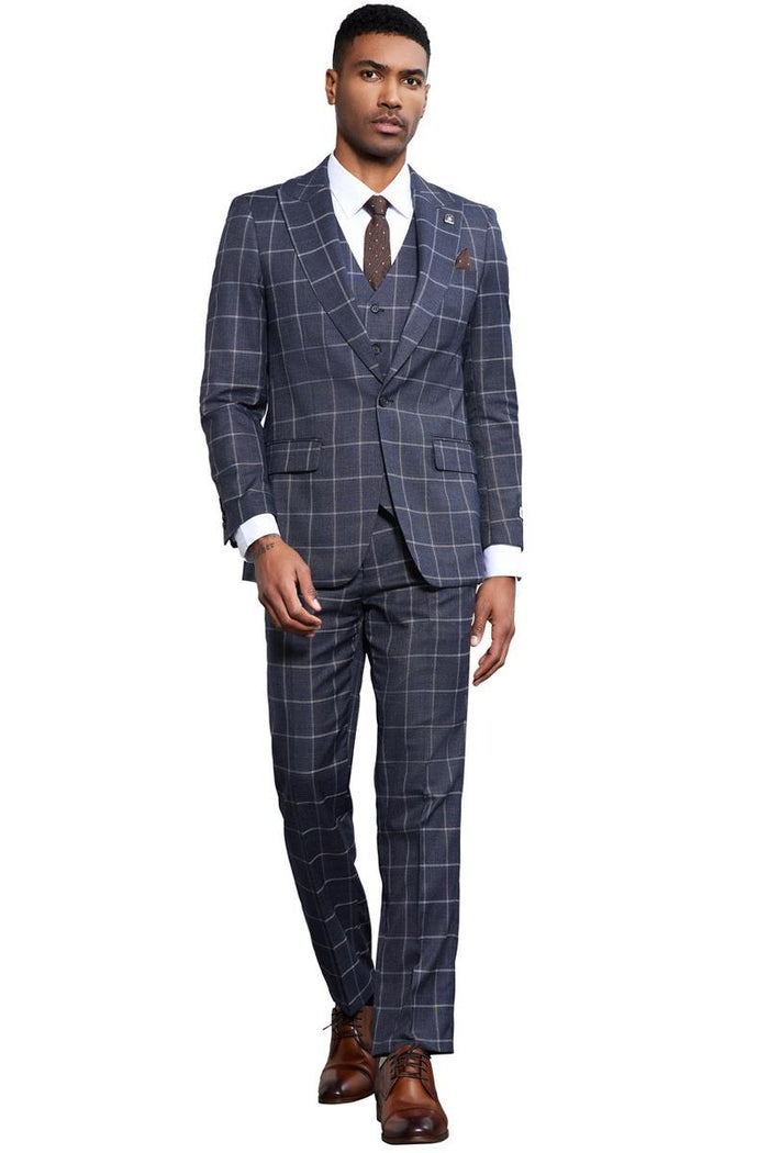 Stacy Adams men's charcoal grey windowpane suit. Classic one-button closure, notched lapels, and a fitted silhouette. Smooth, tailored fabric with subtle contrasts. Matching tailored pants.
