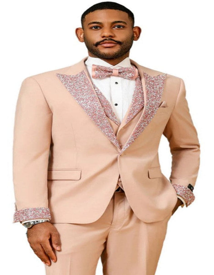 Peach Coral Salmon Prom Tuxedo - Perfect Wedding Suit Vested rhinestone sequin Lapelled