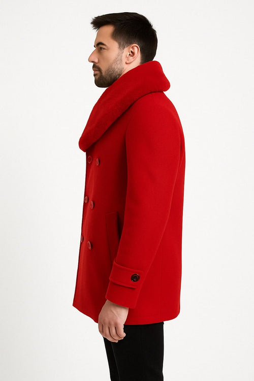 Mens Peacoat Color Red Color - Wool Overcoat with Faux Fur Shawl Collar â€“ Double-Breasted Peacoat for Winter