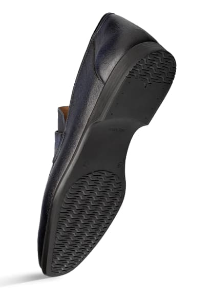 Men's blue deerskin penny loafers: smooth leather upper, rounded toe, penny slot. Black rubber sole with patterned tread for traction.

