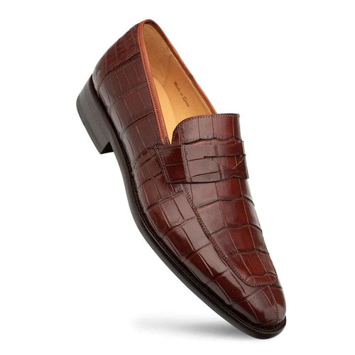 Piccolo Sport tan alligator penny loafer: streamlined slip-on with pointed toe. Glossy dark brown alligator upper with scale pattern. Tan lining, black outsole, slight heel.

